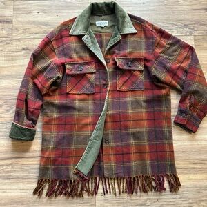 Vintage Plaid Fringe Button Front Shacket Corduroy Collar Women’s Size Large